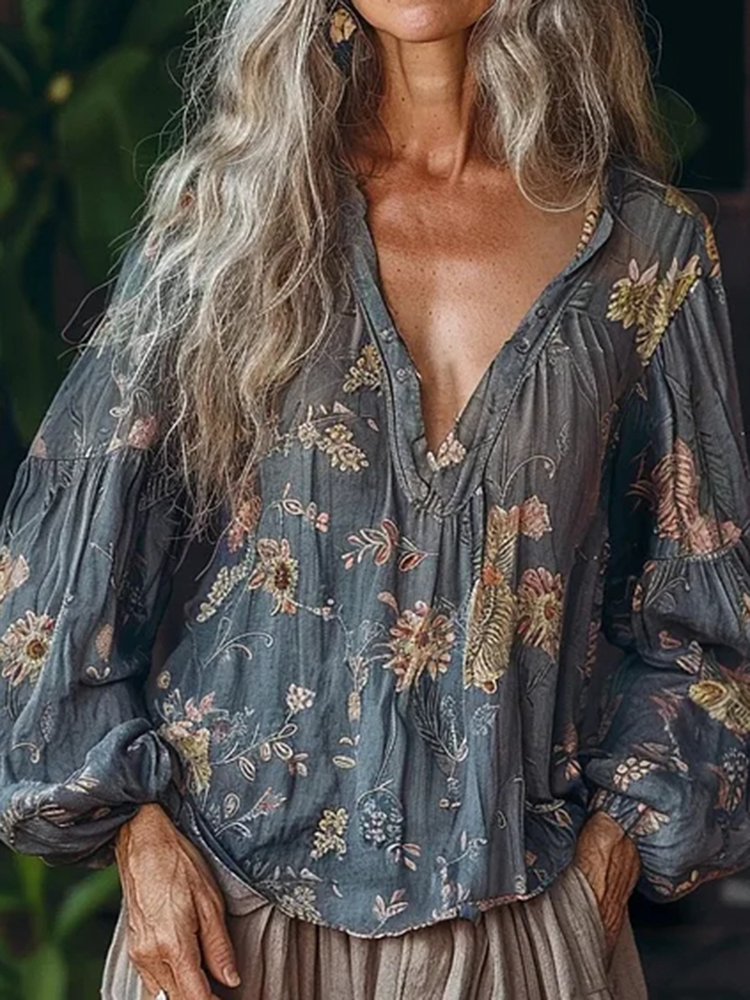 Vintage Bohemian Floral Linen Art Print Long Sleeve V-neck Shirt