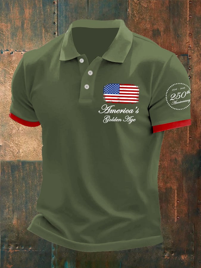 Man's Vintage Independence Day America's Golden Age 1776-2026 250th Anniversary Printed Polo Shirt
