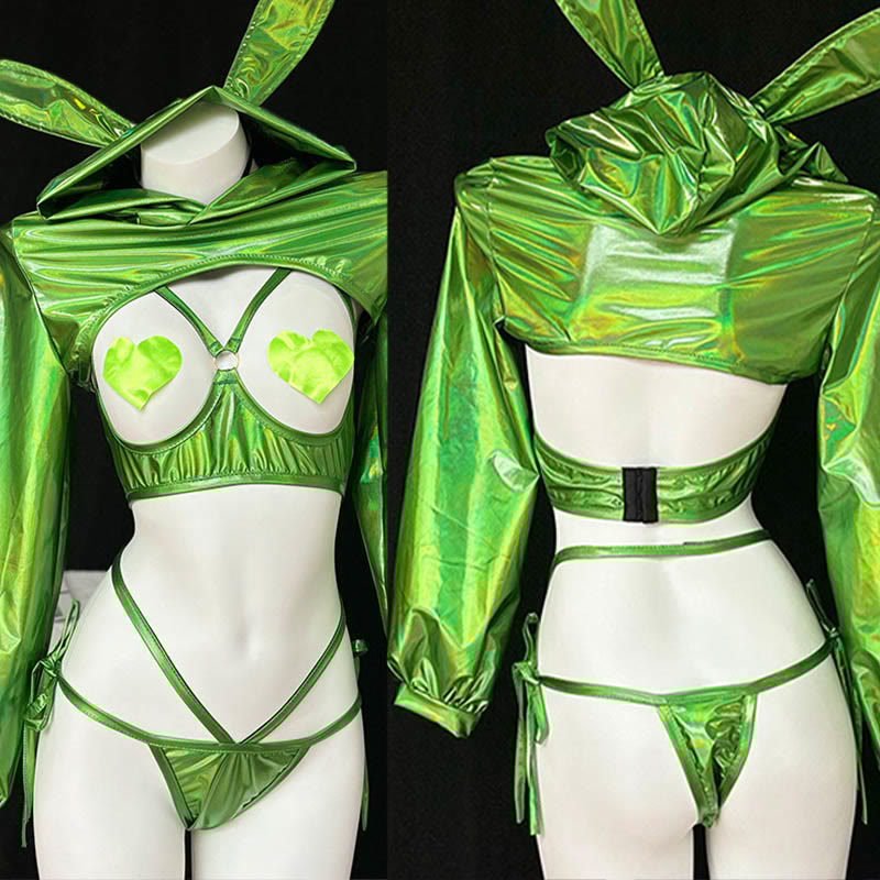 Cosplay Rabbit Laser Reflective Top Hollow Uniform Lingerie Set