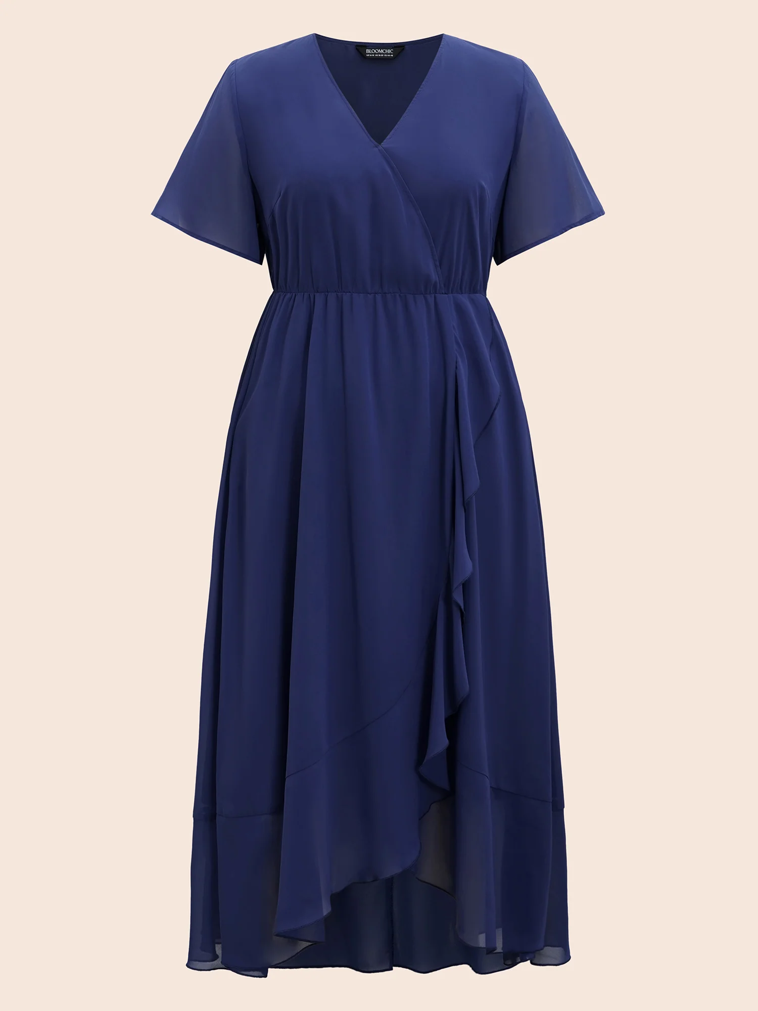 Chiffon Overlap Collar Ruffle Sleeve Dress