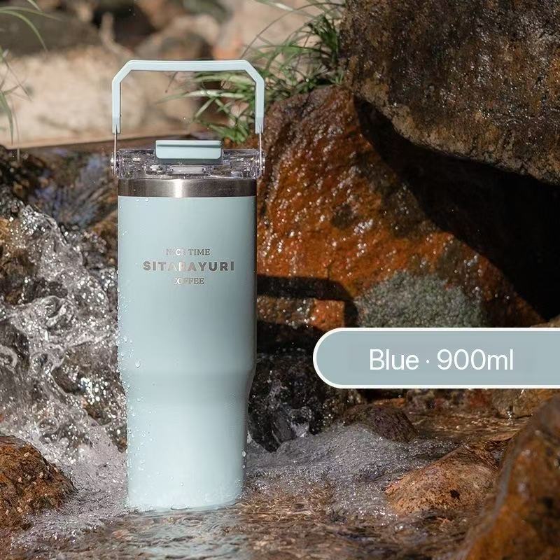 Portable stainless steel thermos flask, stylish design, convenient dual-drink straw water bottle, car water cup
