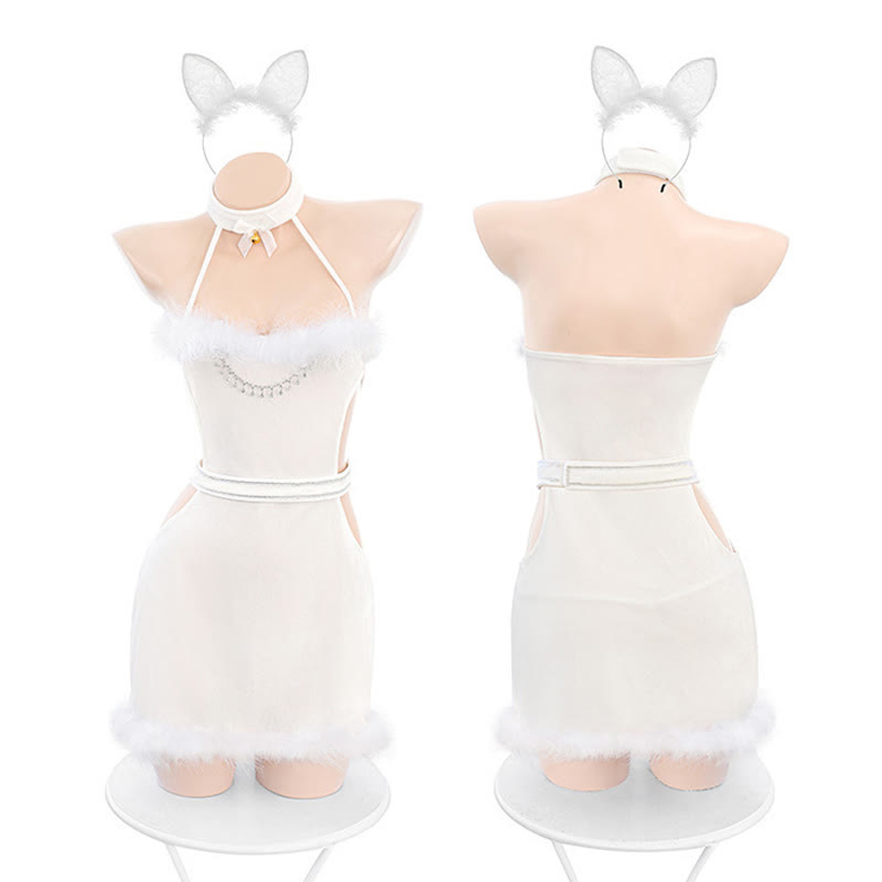 Cosplay Bunny Halter Hollow Out Fuzzy Lingerie Dress