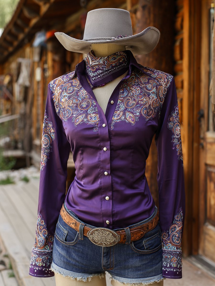 Women's Vintage Purple Paisley Western Long Sleeve Shirt