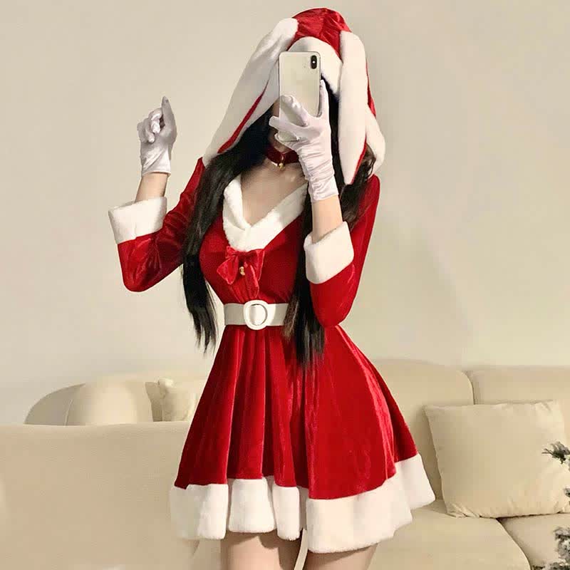 Bunny Ears Bow Knot V-neck Hooded Dress With Belt