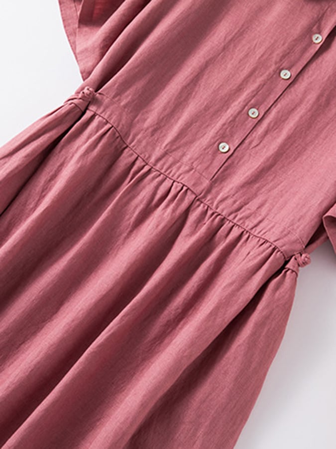 Women's Solid Color Short-Sleeved Shirt Collar Artistic Retro Cotton And Linen Casual Dress