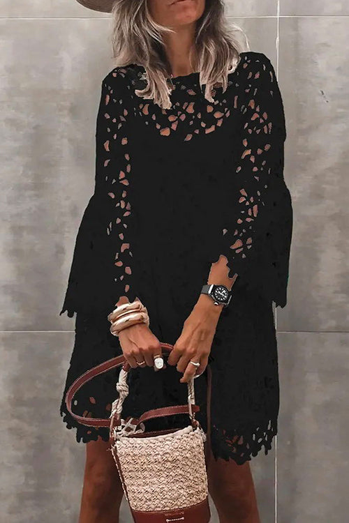 Heididress Bell Sleeves Hollow Out Lace Dress with Slip