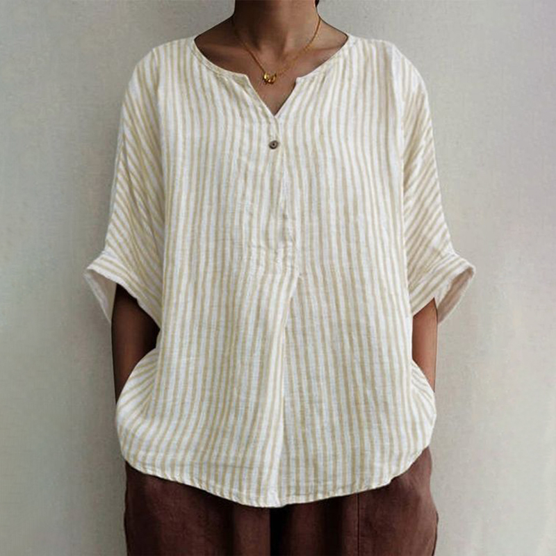 Casual Stripes Button Half Sleeve Blouse