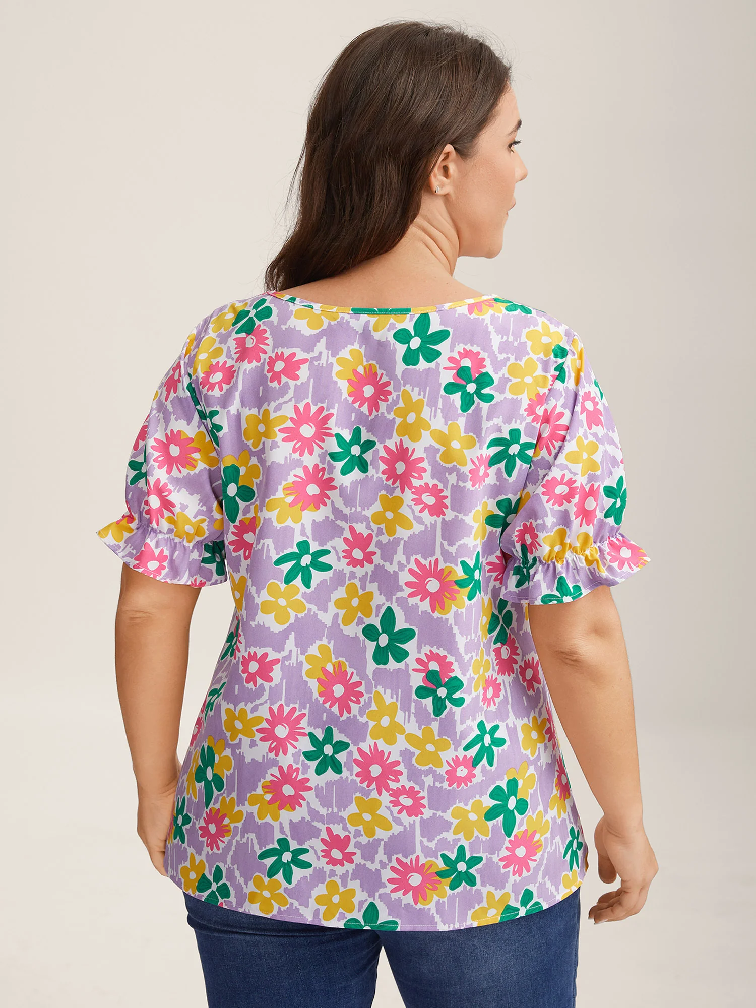 Rainbow Floral Print Pleated Blouse