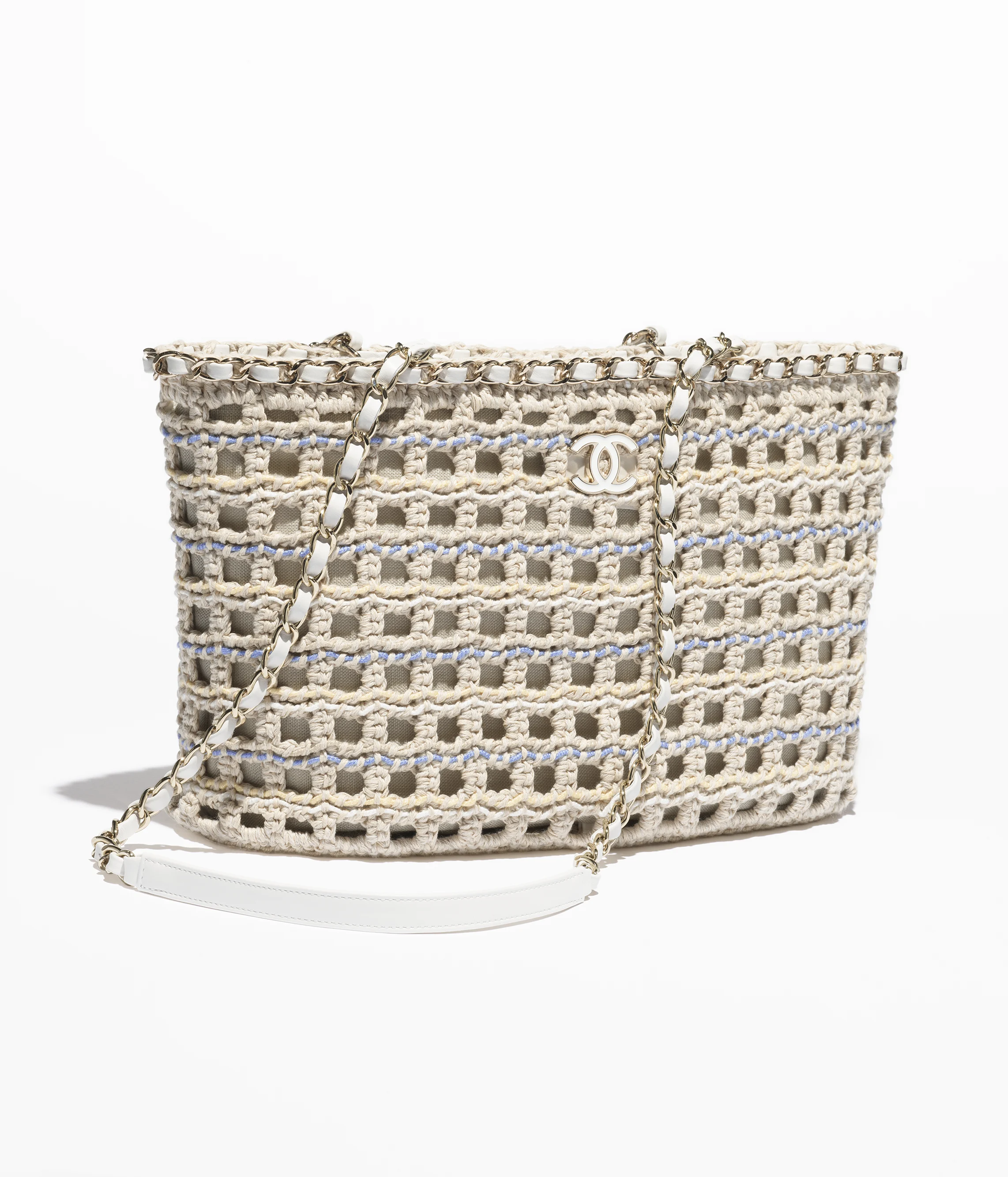 Chanel Small Shopping Bag Cotton Crochet & Gold-Tone Metal Beige, White, Blue & Yellow AS5235-B18697-NACUD