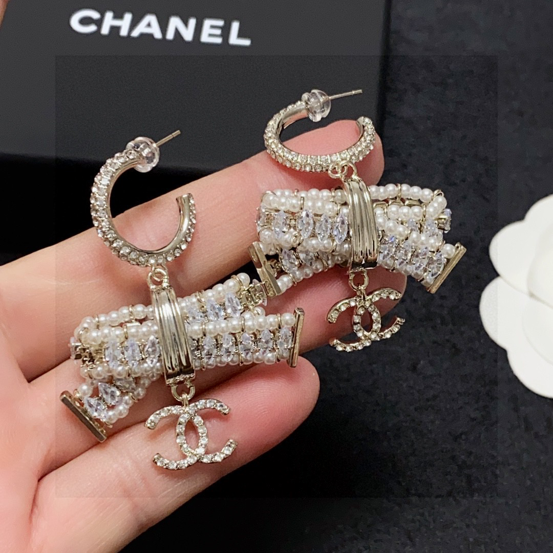 Chanel full diamond pearl bow earrings