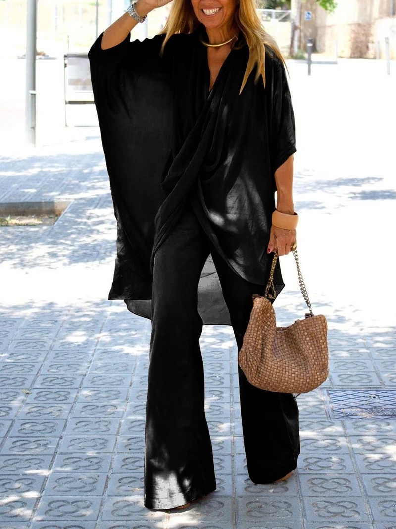 Simple casual loose V-neck cropped pants set