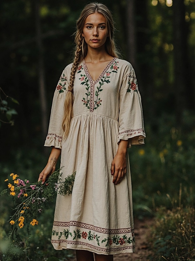 Vintage Plant Floral Embroidered V-neck Cotton Linen Dress