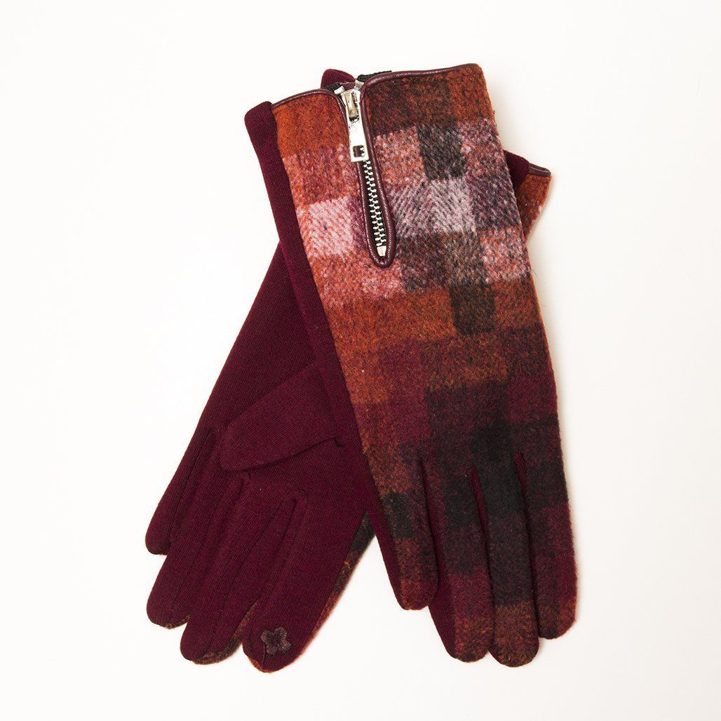 Merino Wool Check Gloves With Zip