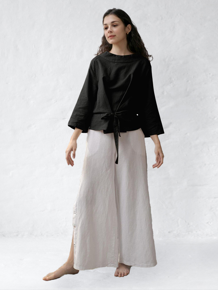 Tied Turndown Collar Linen Top