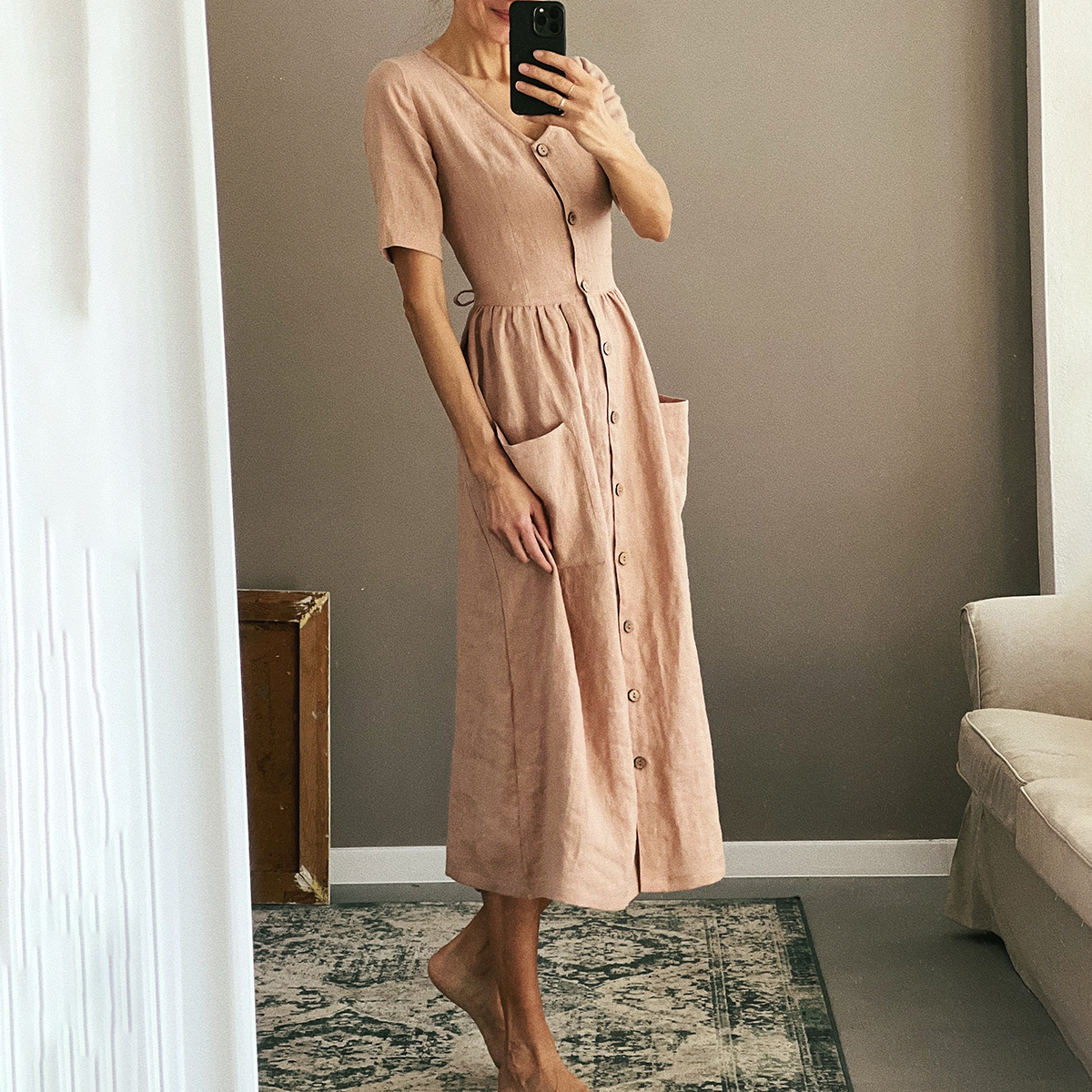Solid V Neck Button Pocket Midi Dress
