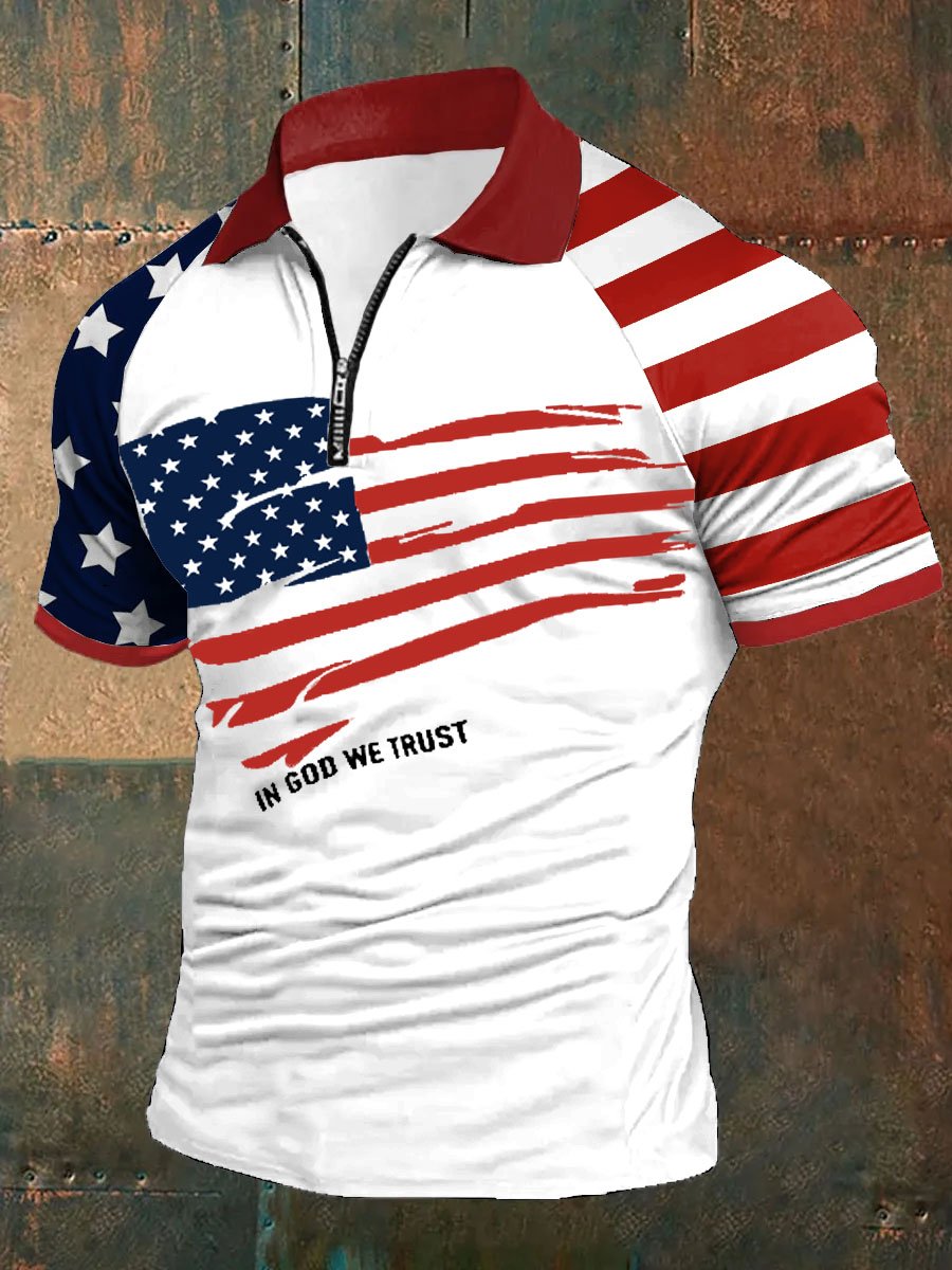 Men's In God We Trust Faith Cross Flag Print Zip-Up Raglan Sleeve Polo Shirt