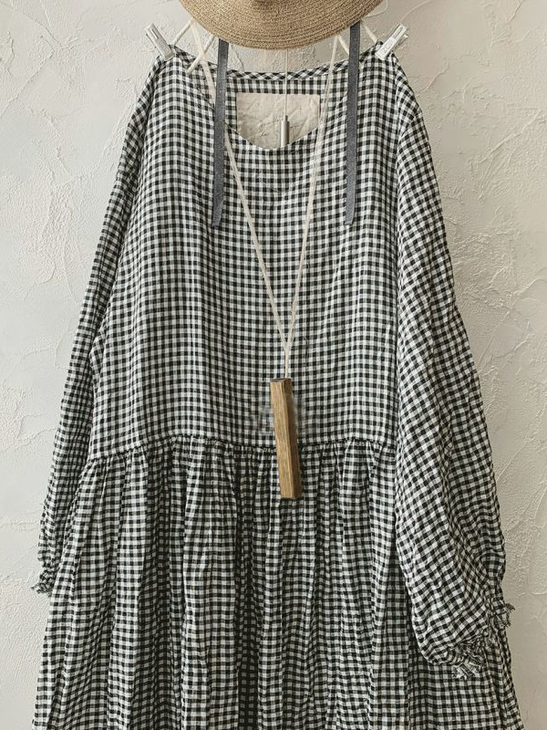 Vintage Checkered Long Sleeve Cotton Linen Midi Dresses