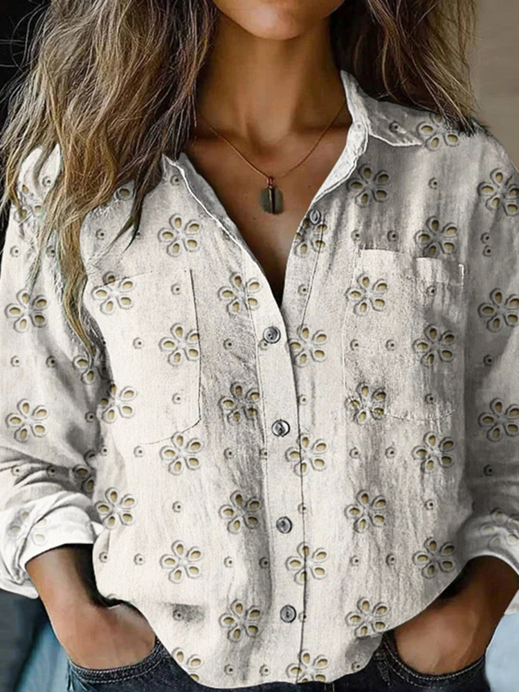 Women's Elegant Lace Embroidery Art Long Sleeve Cozy Cotton Shirt