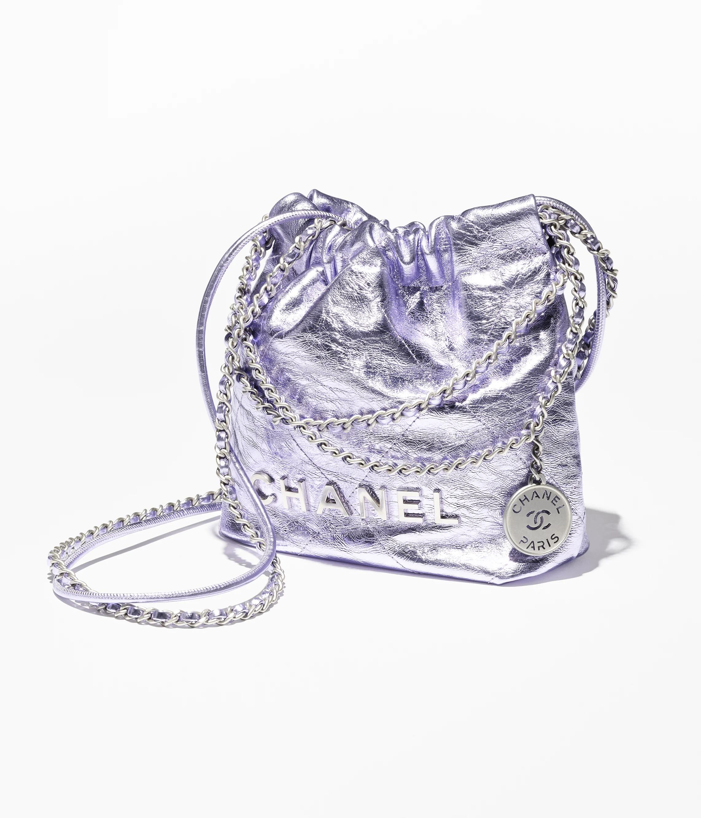 CHANEL 22 Mini Handbag Metallic Calfskin & Silver-Tone Metal Lilac AS3980-B18804-NABJZ