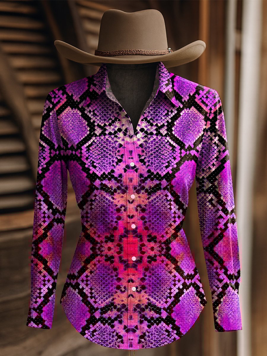 Women's Retro Creative Snakeskin Texture Print Western Long Sleeve Shirt