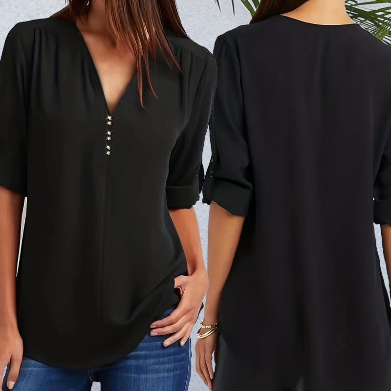 Casual Loose V-Neck Rhinestone Top with Rollable Sleeves
