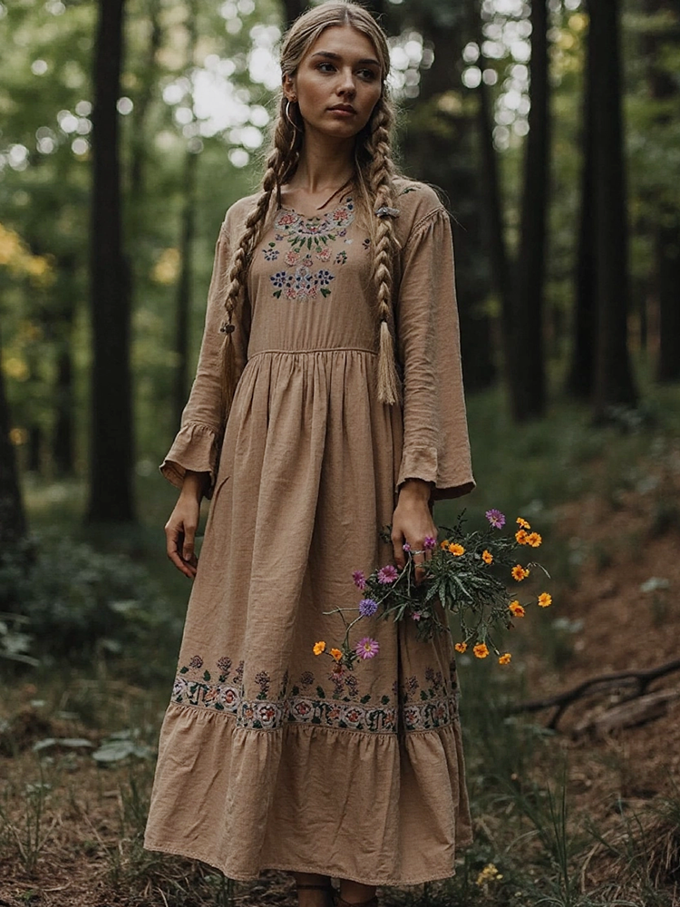 Women's Floral Embroidered Cotton Linen Vintage Dress