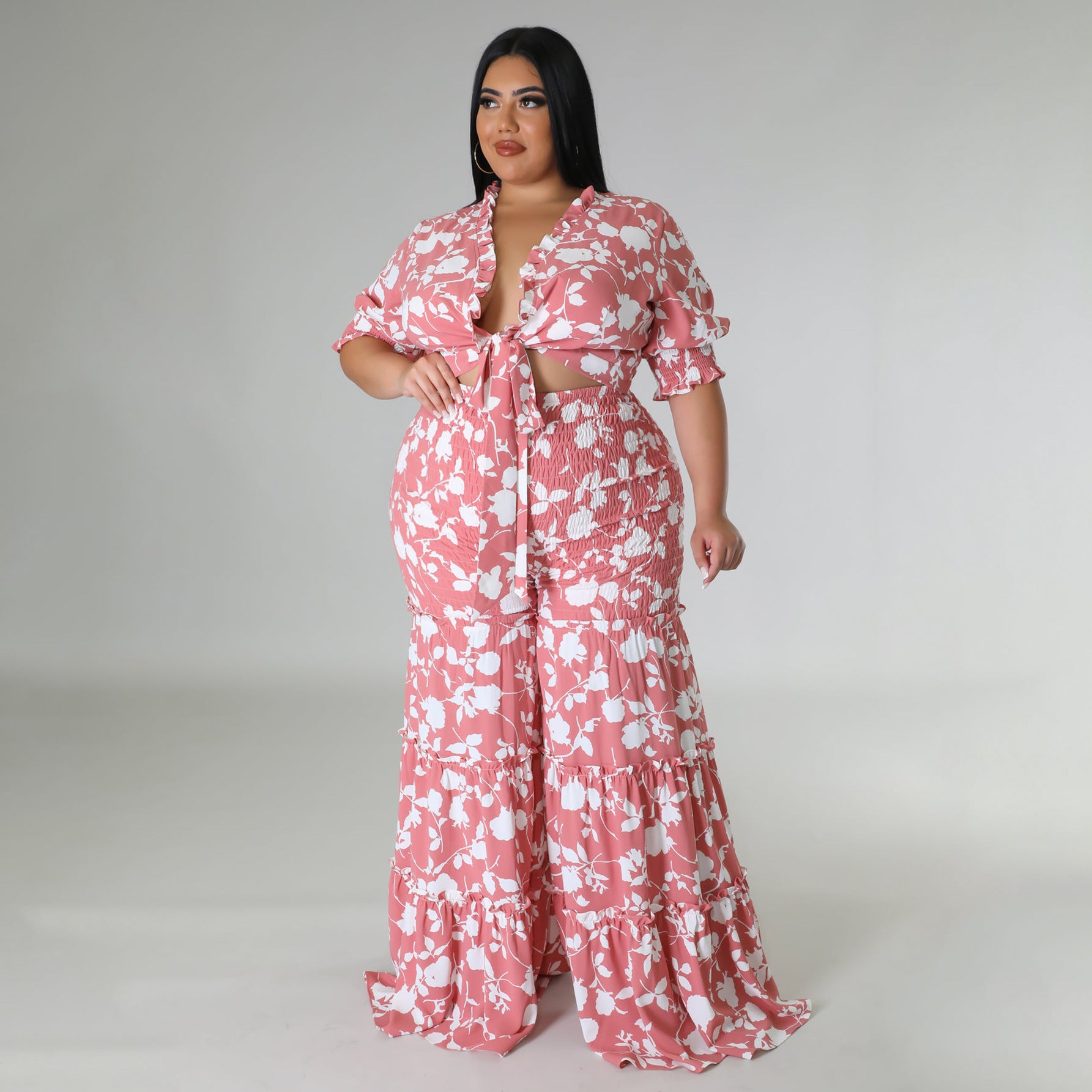 Plus Size Women Strap Printing Two Piece Suit Wide Leg Pants Summer