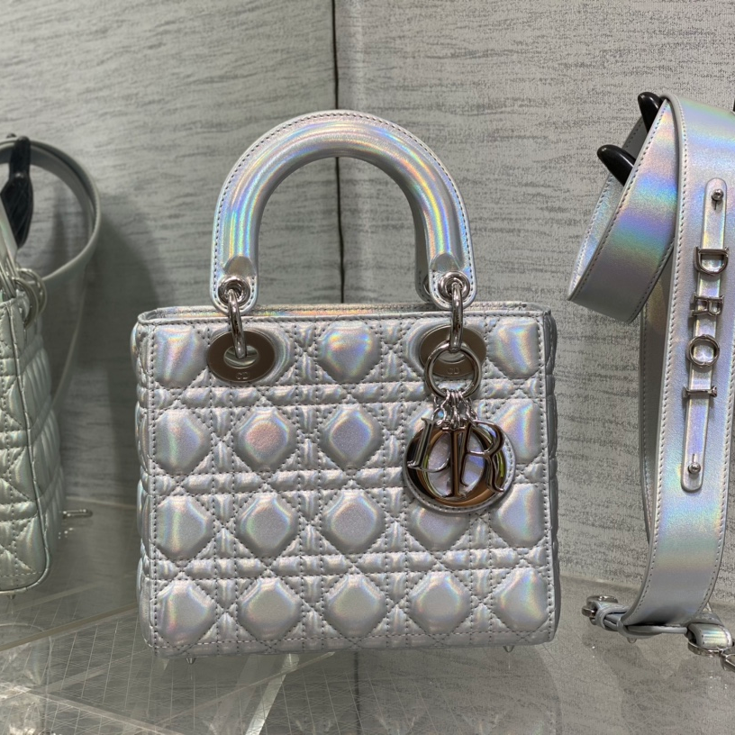 DIOR Lady Four-grid Laser Silver Princess Diana Bag