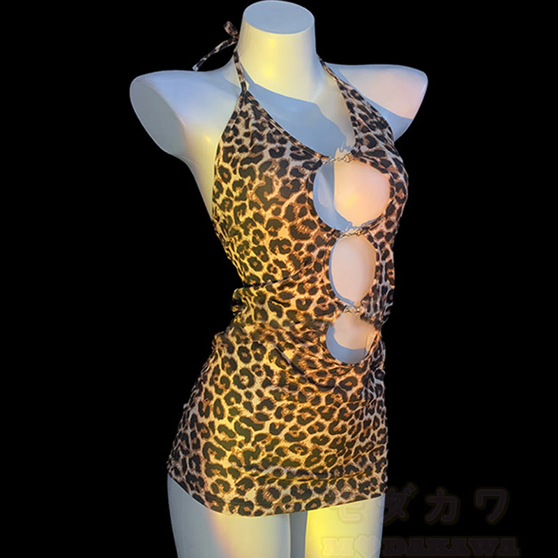 Leopard Print Backless Hollow Out Lingerie Dress