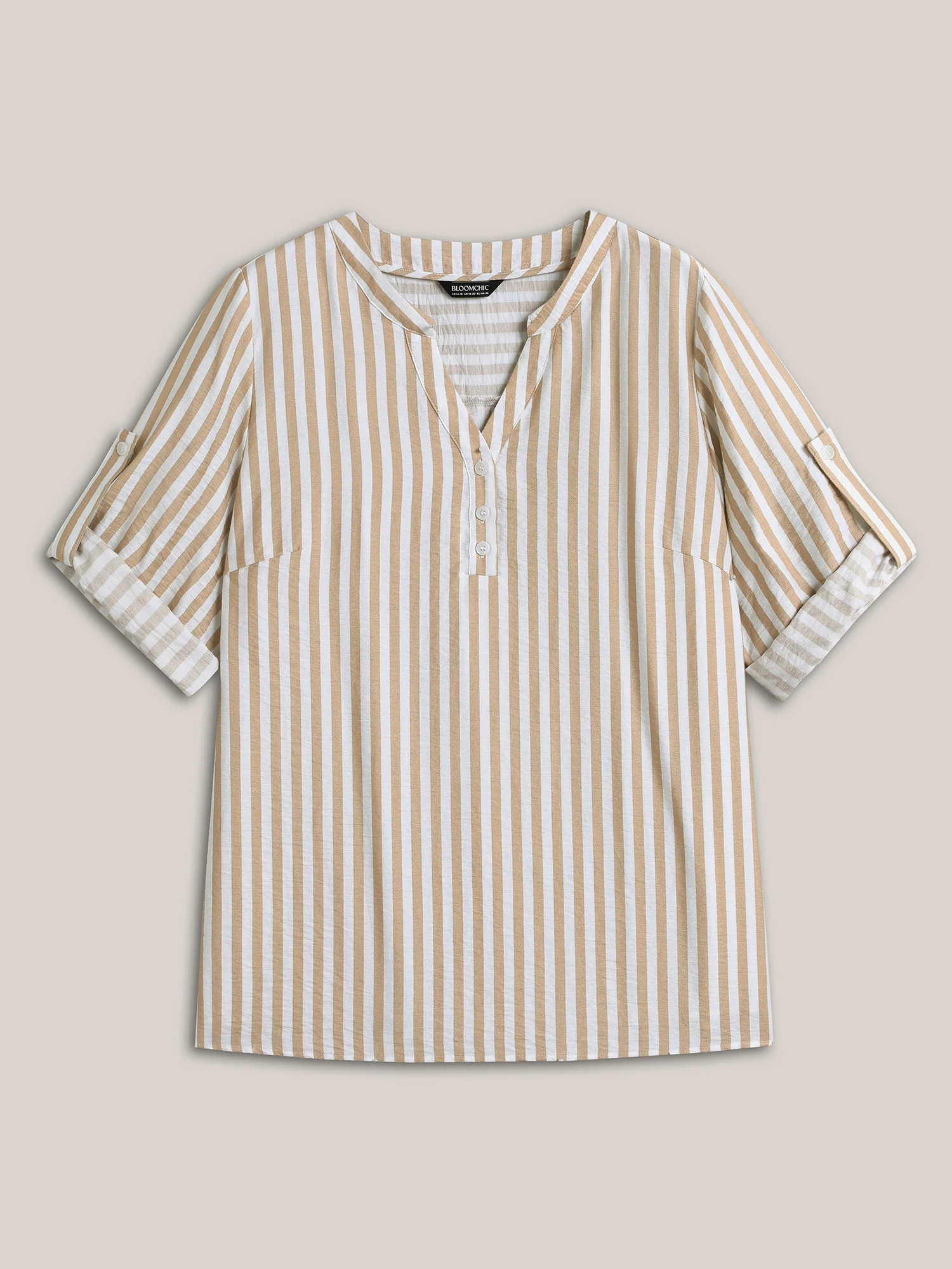 Stripe Print Tab Sleeve Notched Collar Blouse