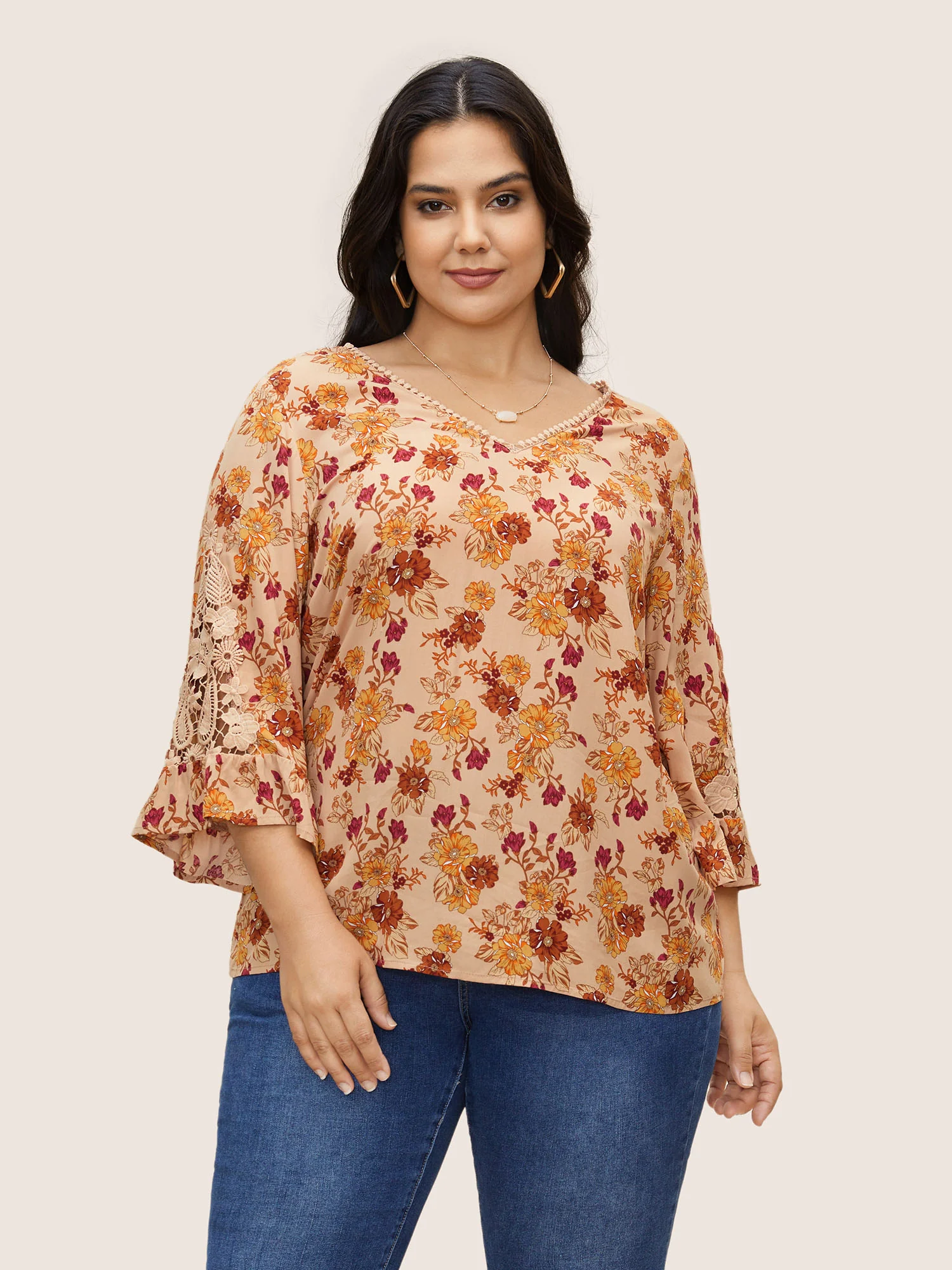 Boho Print Guipure Lace Ruffles Blouse