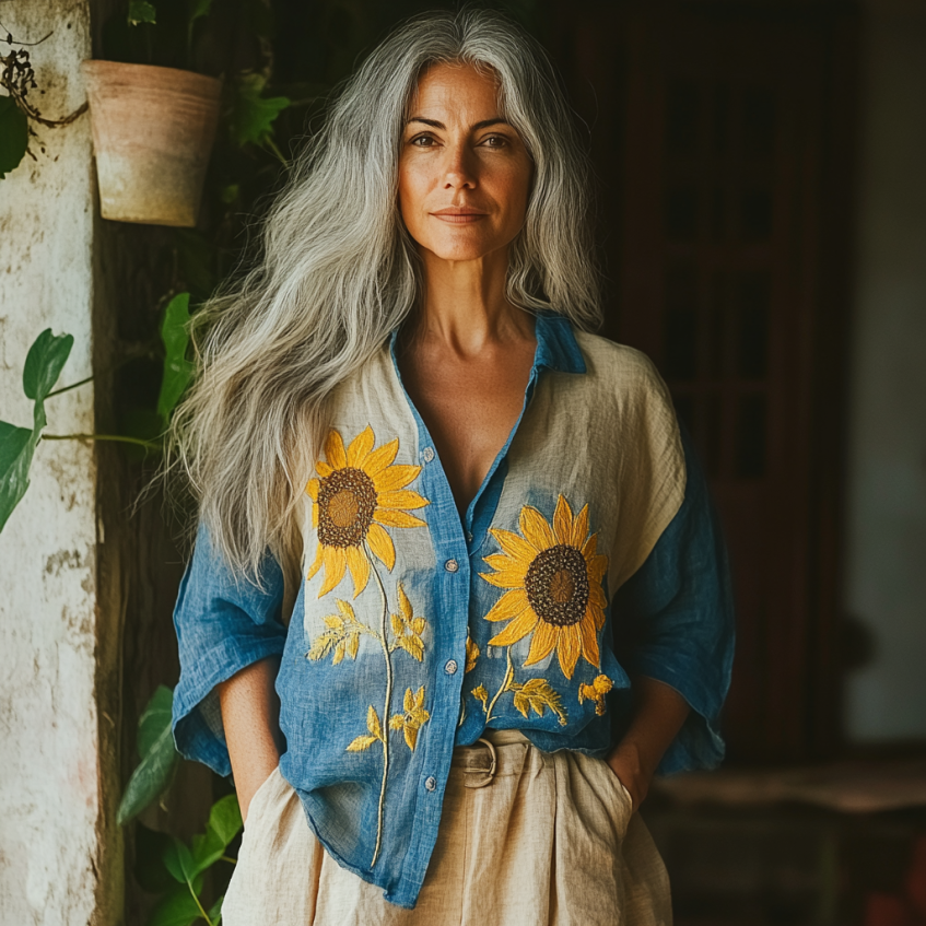 Bohemian Linen Floral Ukraine Sunflower Gradient Art Print  Long Sleeve Shirt