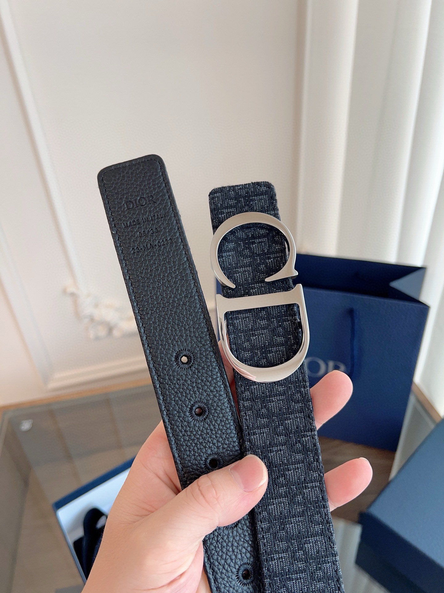 Dior Oblique Blue Cloth Black Cowhide Leather Strap 3.5cm Wide