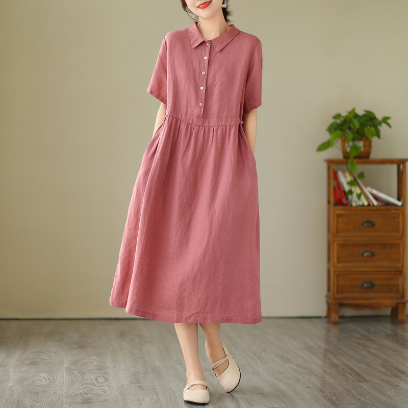 Solid Color Cotton Linen Lapel Midi Dress