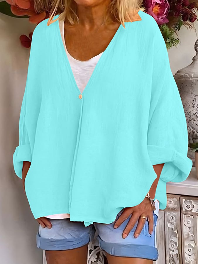 Women's V-Neck Long Sleeve Loose Button Design Casual Shirt