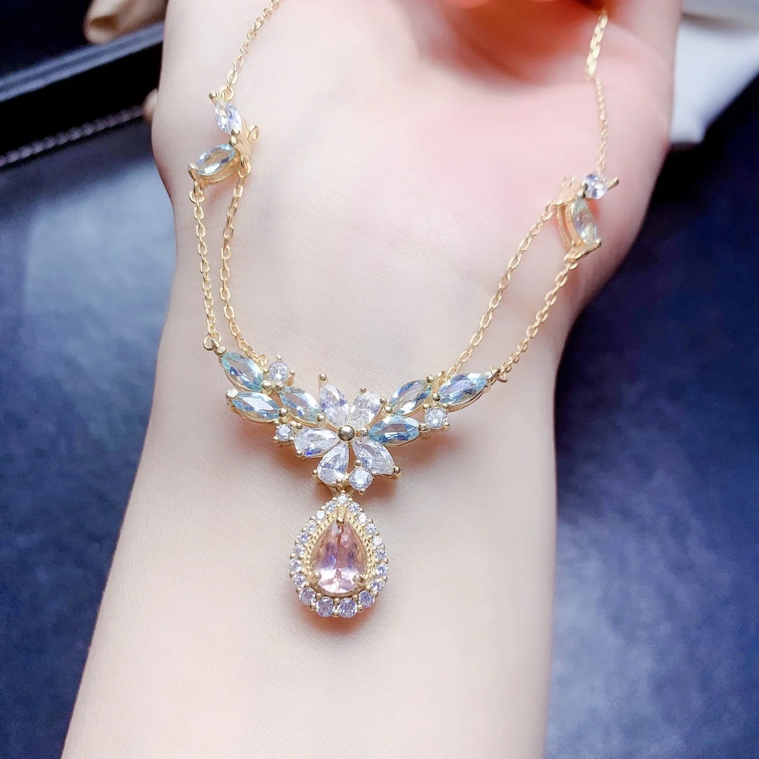 925 Sterling Silver Natural Morgan Stone Aquamarine Necklace Jewelry Pure Beauty Women's luxury Jewelry Certified boutique