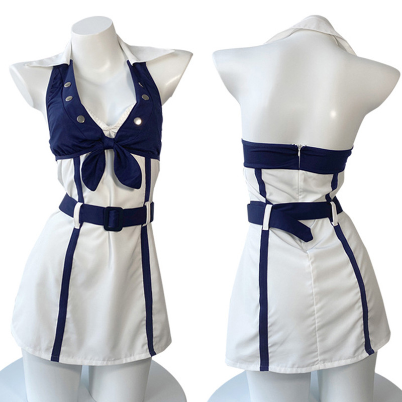 V-neck Colorblock Belted Lingerie Dress Stockings Set