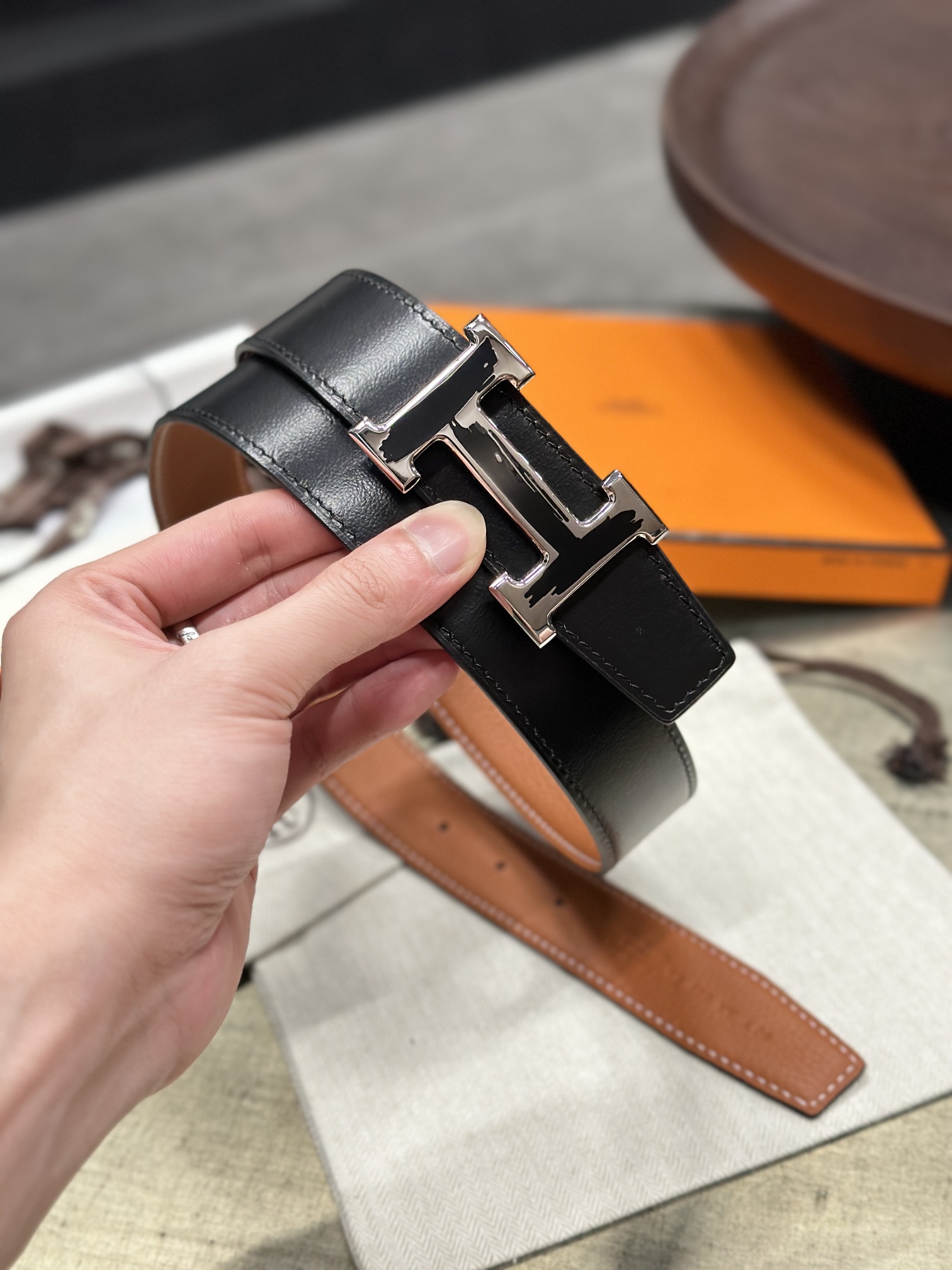 Hermès epsom double-faced calfskin belt 3.2CM wide