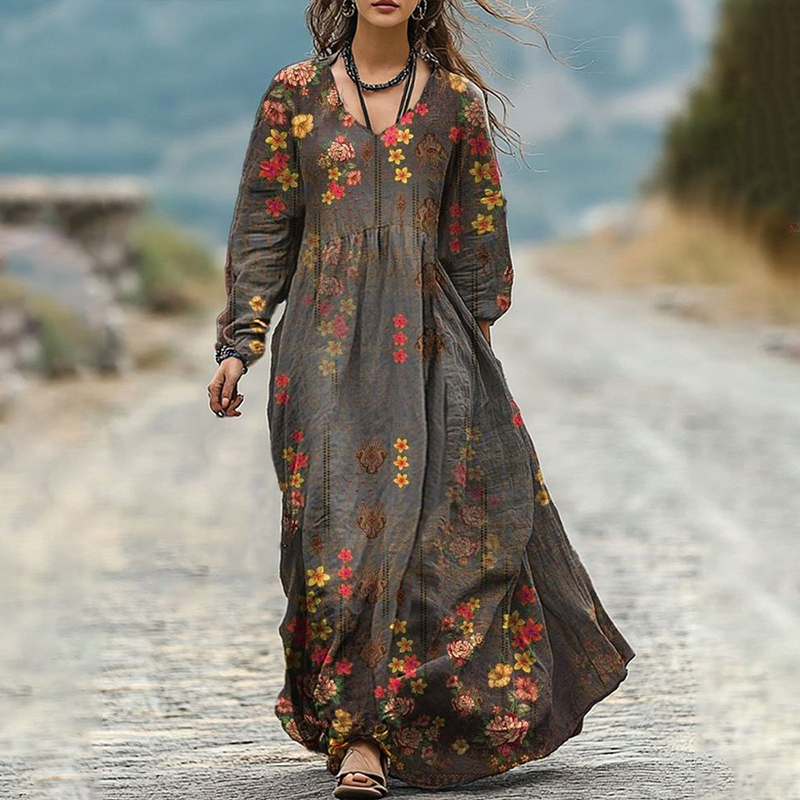 Vintage Floral Pattern Women's Flowy Maxi Dress