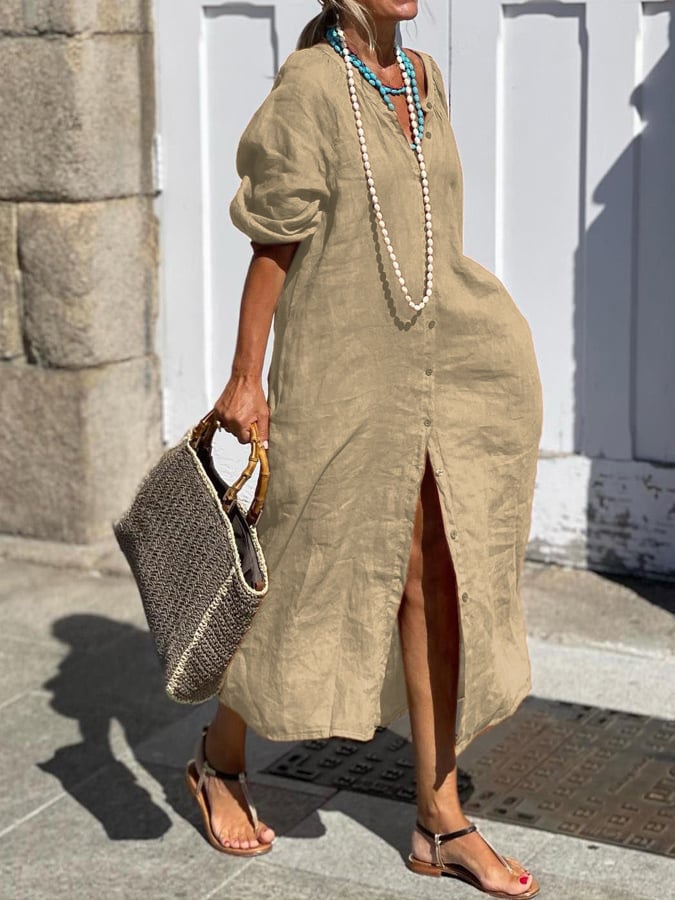 Women'S Cotton Linen Button Solid Dress