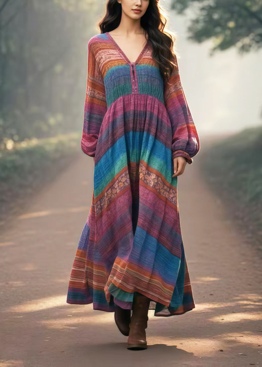 Vintage Multicolour Oversized Print Cotton Long Dresses Spring