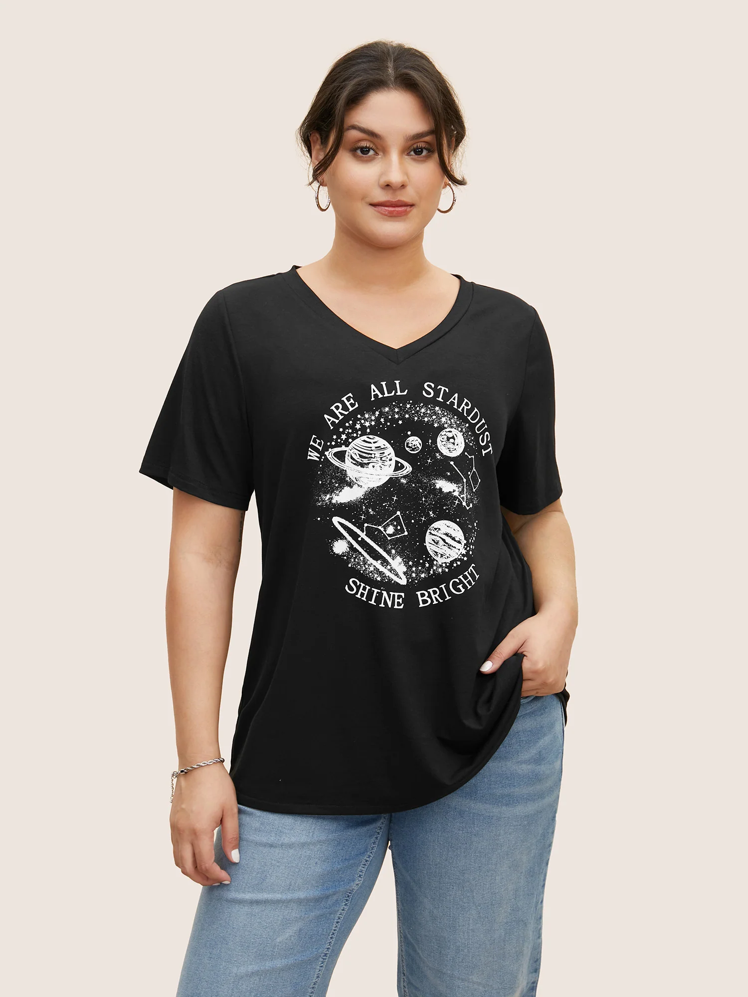 Moon and Star Print V Neck T-shirt