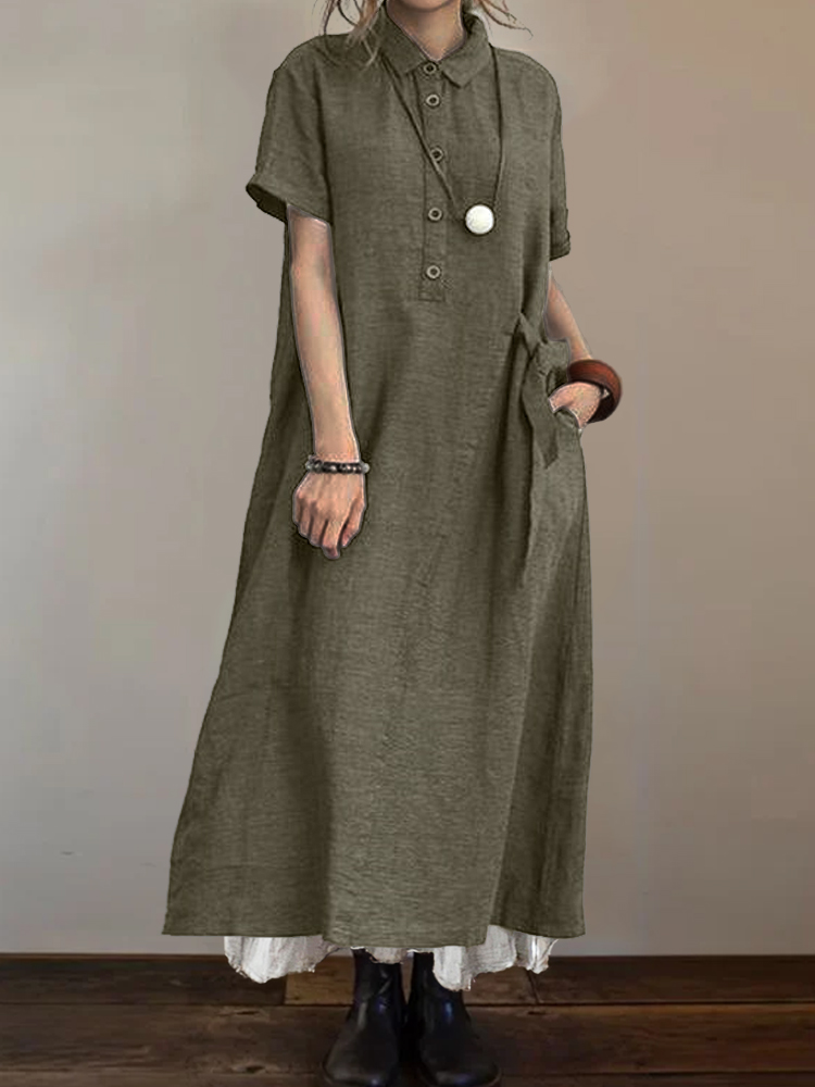 Side Tied Button Up A Line Maxi Dress