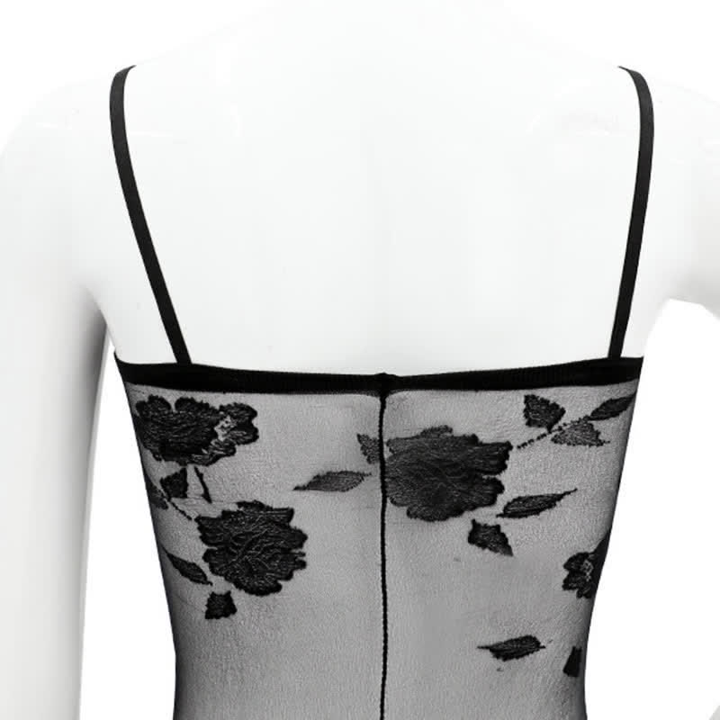 Rose Print Crotchless Mesh Bodysuit Lingerie