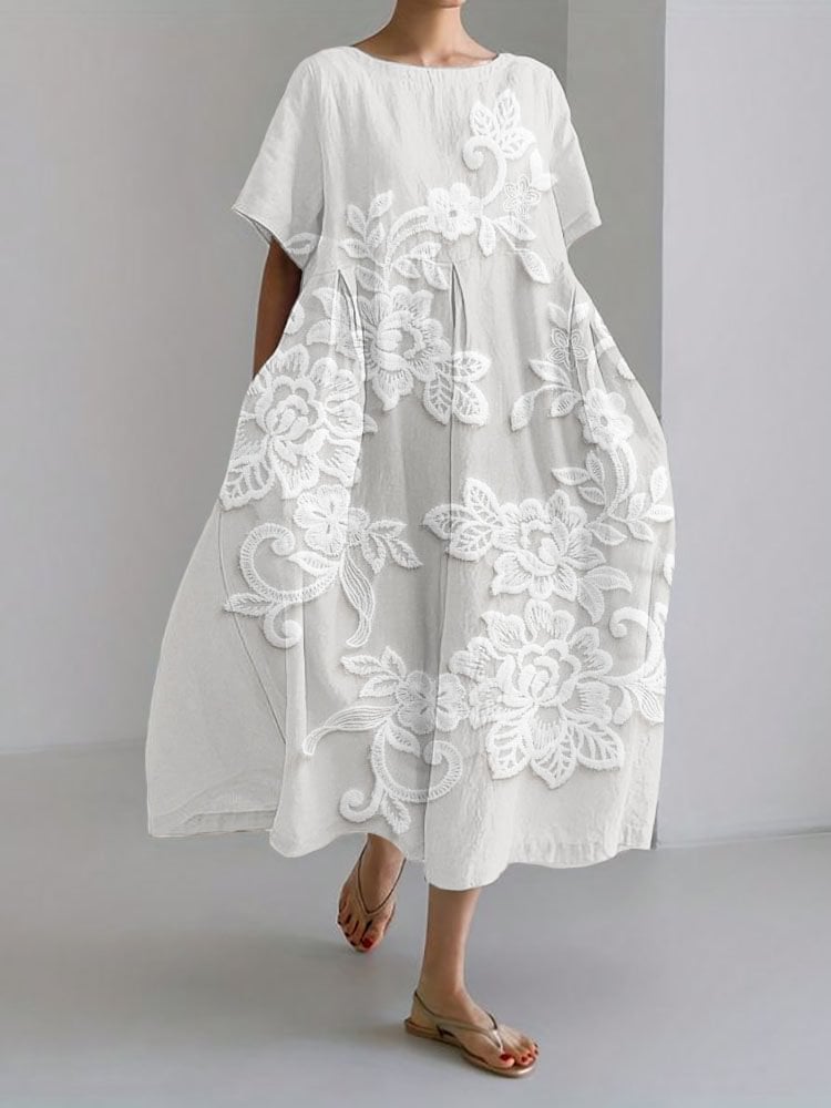 Women's Casual Vintage Floral Cotton and Linen Dress