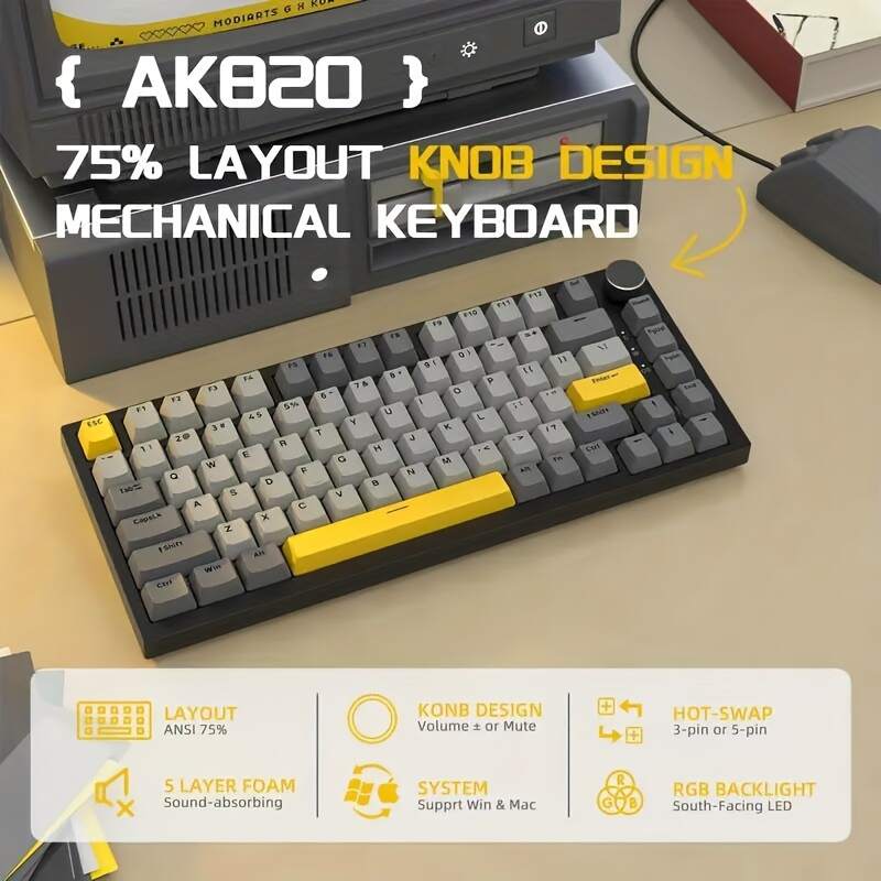 A.JAZZ X Attack Shark AK820 - 75% TKL Wired Mechanical Gaming Keyboard - Hot Swap, Upgraded Washer, RGB Backlight, NKRO, Ergonomic Moon for Switch for PC/Win, Pad