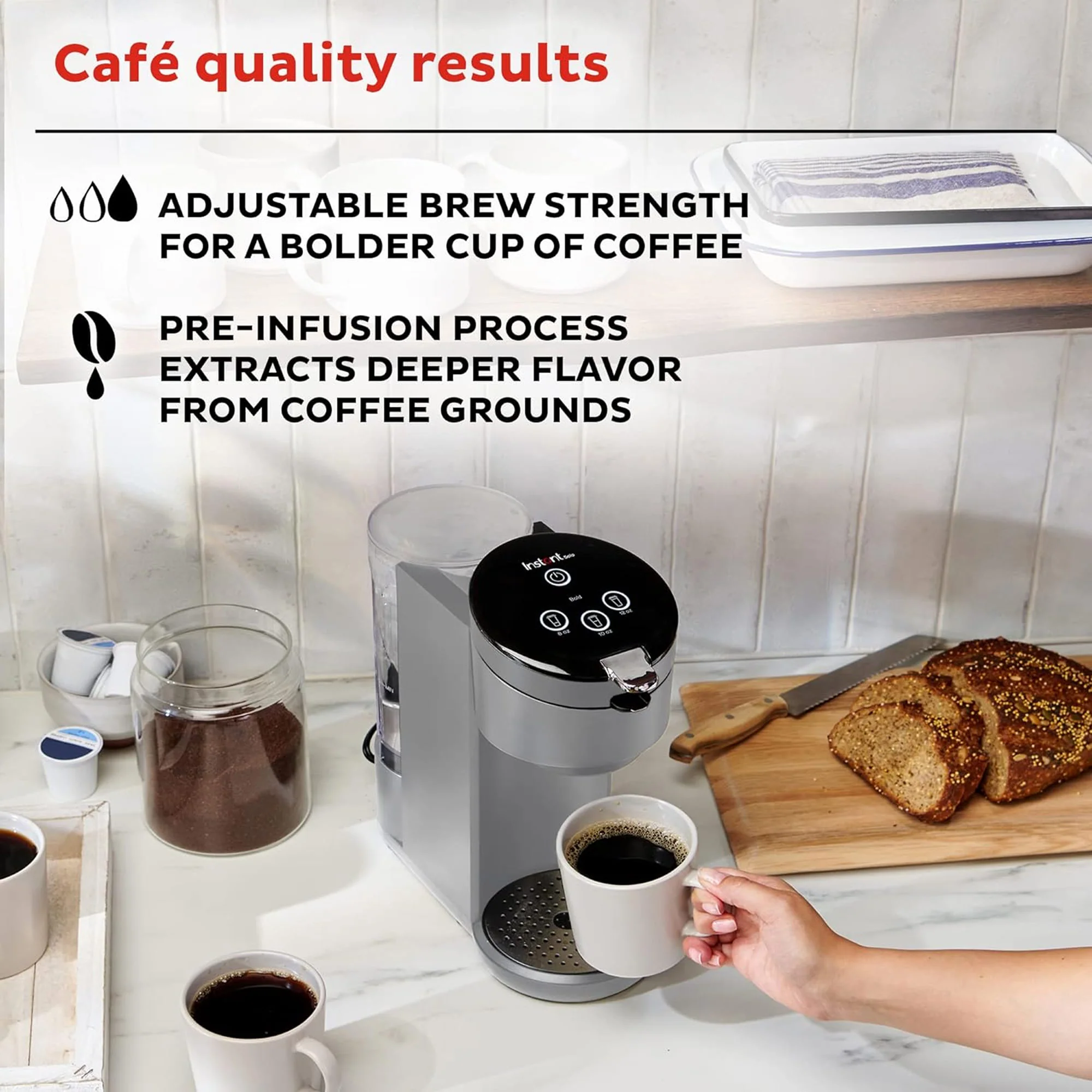 Instant Pot Single Serve K-Cup Pod Compatible Coffee Maker with Reusable Pod, 8-12oz, Grey