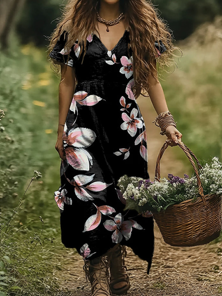 Women's Sakura Art Print V-neck Linen Blend Midi Dress