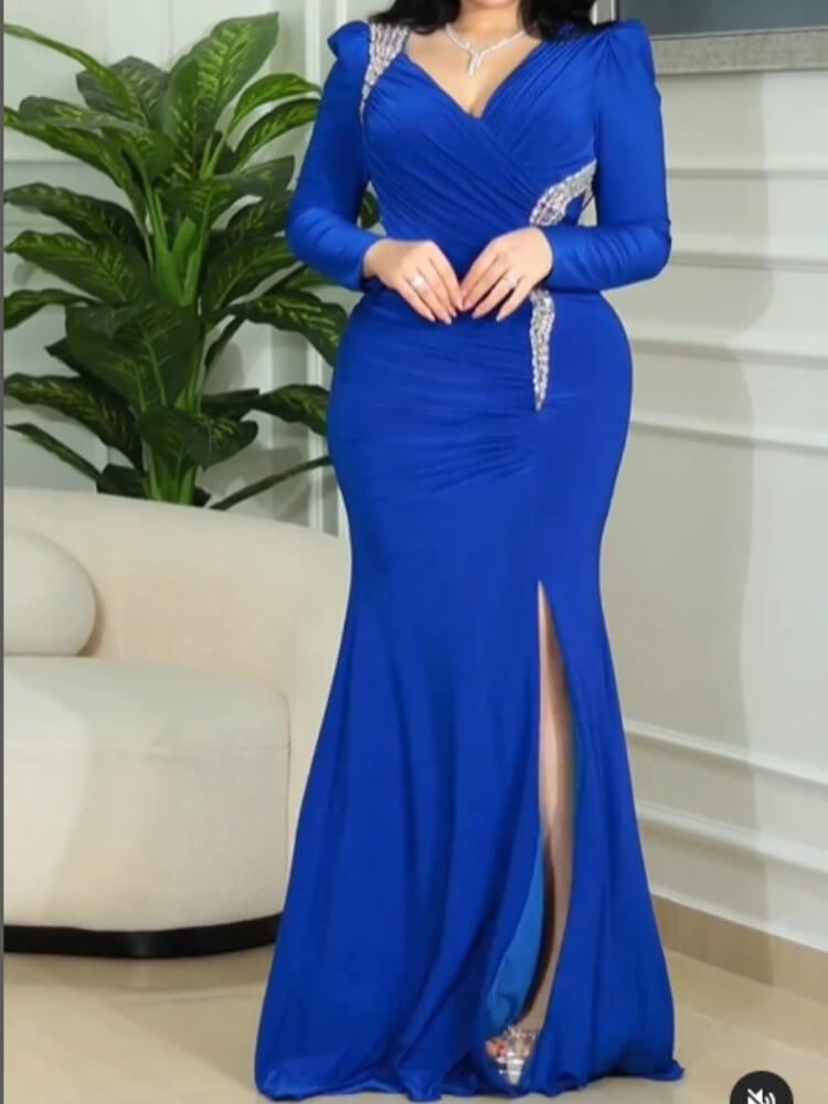V-Neck Pleated Diamond High Slot Slim-Fit Evening Gown