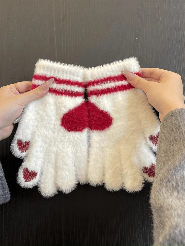 Love fluffy knitted gloves, winter thickened warm cycling out cold riding